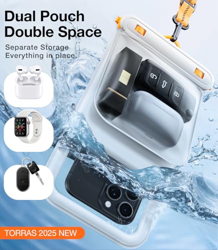TORRAS IP68 Waterproof Phone Pouch Floating with Double Space 7.0", White | Waterproof Phone Case with Crossbody Lanyard, Phone Dry Bag for iPhone 17 Pro Max 16 S26, Beach Cruise Ship Travel Essentials - color: White