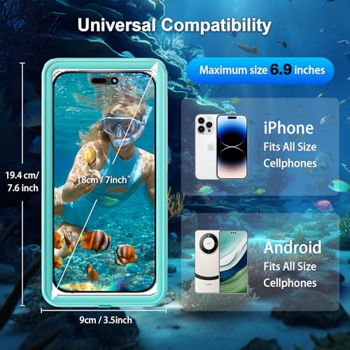 Waterproof Phone Case Up to 6.9 inch | IPX8 Underwater Phone Cases for Snorkeling | Universal Diving Case with Lanyard for iPhone 16 Pro Max/15/14/Galaxy S24 | Beach Cruise Essentials (Cyan) - color: Cyan