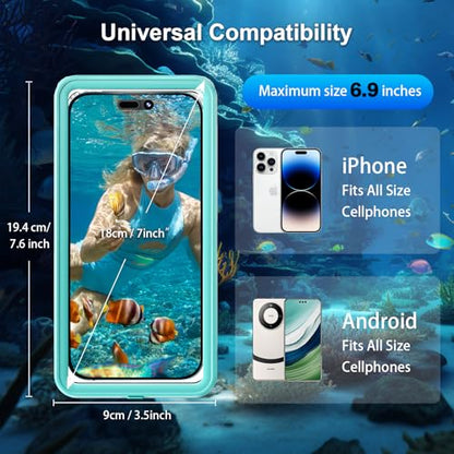 Waterproof Phone Case Up to 6.9 inch | IPX8 Underwater Phone Cases for Snorkeling | Universal Diving Case with Lanyard for iPhone 16 Pro Max/15/14/Galaxy S24 | Beach Cruise Essentials (Cyan) - color: Cyan