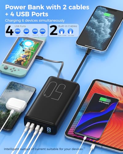 51000mAh Portable Charger with Built-in USB-C & Lightning Cables, 22.5W Fast Charging Power Bank, High Capacity Battery Pack for iPhone, Samsung, Android, Travel, Camping