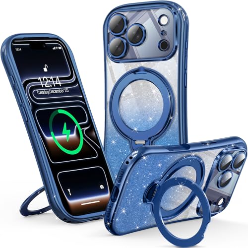 Reukdnv 360° Spin Magnetic Stand for iPhone 17 Pro Case [DIY Glitter Cardstock] [Full Camera Protection] [Fit for MagSafe] Shockproof Plating Glitter Bling TPU Cover for Women Girls 6.3", Deep Blue - color: Blue Glitter, size: iPhone 17 Pro