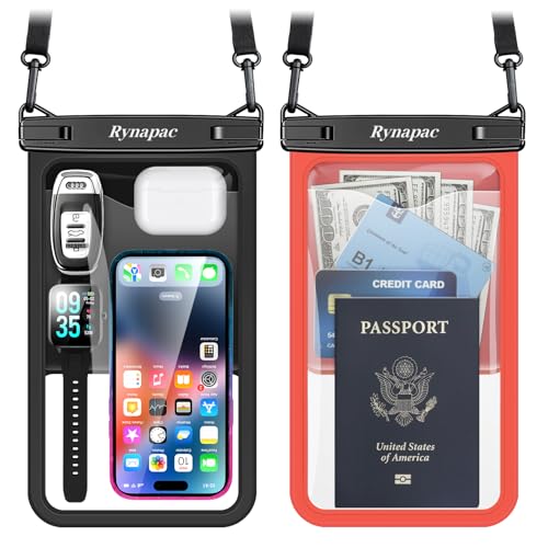 Rynapac Large Waterproof Phone Pouch Up to 10", 2 Pack IPX8 Protector Pouch | Large Capacity, Touchscreen & Underwater Photos, Adjustable Lanyard for iPhone 17 16 15 Pro Max, Beach Cruise Essentials 2026 - color: [Black + Orange] Large Waterproof Phone Po