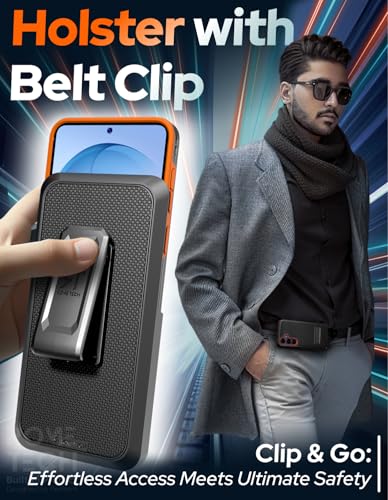 Designed for Samsung Galaxy S26 Case with Belt Clip Holster | Rugged Cover with Strong Magnet & Kickstand Heavy Duty Combo - Black & Orange - color: Black & Orange