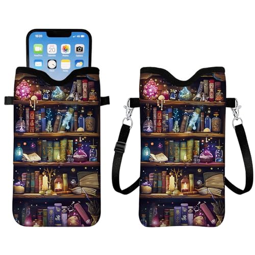 Cell Phone Sleeves Bag for Women, Neoprene Cell Phone Sleeve Pouch Case Bags, Lightweight Sleeve with Crossbody Strap Neck Lanyard, Bookshelf Cell Phone Bag Gifts for Christmas Birthday 7.1 X 3.9 In - color: Bookshelf
