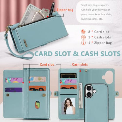 for iPhone 17 Wallet Case, Detachable Magnetic Phone Case,Faux Leather Strap Wallet,with RFID Blocking，Zipper Card Holder，Shoulder Straps (Blue) - color: Blue, size: iPhone 17