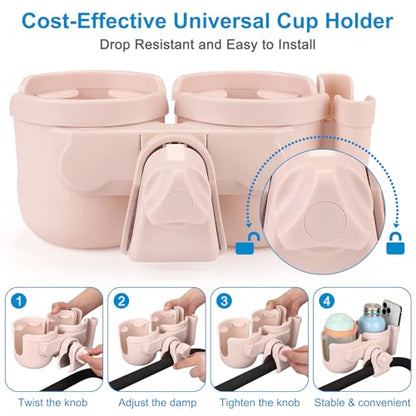 Accmor Stroller Cup Holder with Phone Holder, Bike Cup Holder, Universal Cup Holder for Uppababy Nuna Strollers, 2-in-1 Drinks Holder for Walker, Wheelchair, Scooter - color: Double Holder-All Crystal Pink