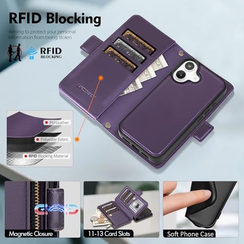 Antsturdy Compatible with MagSafe iPhone 17 Wallet Case,Purple | Detachable Magnetic Credit Card Holder,RFID Blocking,PU Leather Zipper Purse,Wrist Strap Kickstand,Flip Phone Cover for Women - color: (Detachable with Magsafe)-Purple