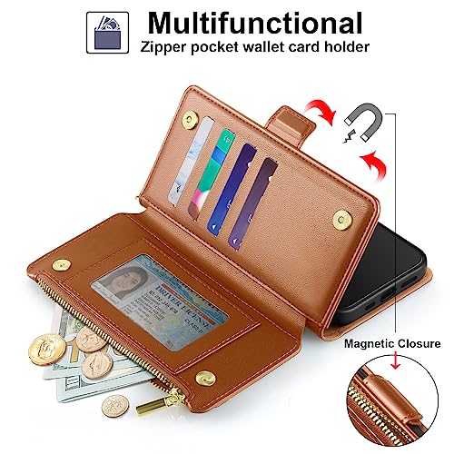 Antsturdy Compatible with iPhone 14 Plus Wallet Case【RFID Blocking】 PU Leather Phone Case Women Men Flip Shockproof Cover Strap Zipper Pocket Credit Card Holder Slots for Apple 14 Plus,Light Brown | RFID Blocking,with Credit Card Holder Slots,PU Leather P