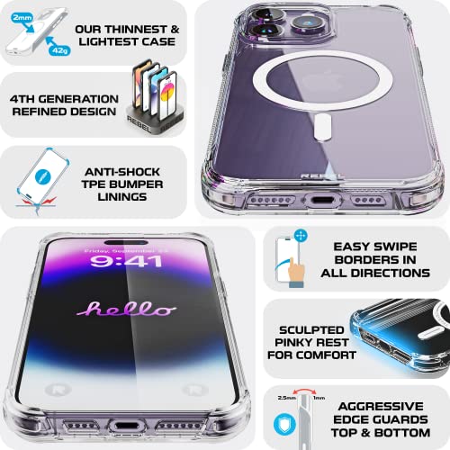 REBEL Clear Case for iPhone 14 Pro Max [Crystal Series Gen-4] Strong MagSafe Compatible, Anti-Scratch, Non-Yellowing, Protective Shockproof Bumpers, Metal Buttons, 6.7 Inch Phone 2023 (Crystal Clear) - color: Crystal Clear, size: iPhone 14 Pro Max