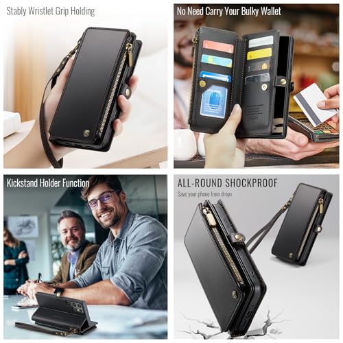 Defencase for Samsung Galaxy S22 Ultra Wallet Case with Card Holder, Black | Durable PU Leather, with RFID Blocking Zipper Pocket, Wrist Strap, S22 Ultra Flip Phone Cases Cover with Stand for Women Men - color: Elegant Black