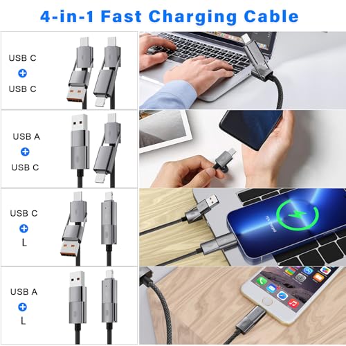 [2-Pack] 4-in-1 USB C Multi Charging Cable 6FT, 65W PD Fast Charger Cord, Durable Round Braided Data Transfer, Compatible with iPhone 17 16 15 Pro Max, MacBook, iPad, Samsung S26 S25, Laptop - Grey - size: 6FT+6FT