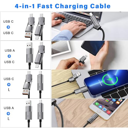 [2-Pack] 4-in-1 USB C Multi Charging Cable 6FT, 65W PD Fast Charger Cord, Durable Round Braided Data Transfer, Compatible with iPhone 17 16 15 Pro Max, MacBook, iPad, Samsung S26 S25, Laptop - Grey - size: 6FT+6FT