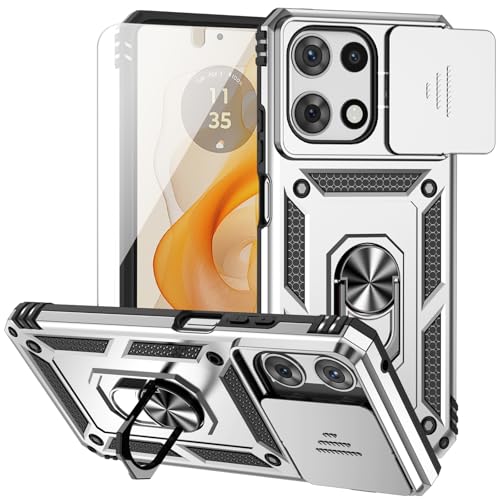 for Motorola Moto G 2025 / Moto G 2026 / Moto G Play 2026 Case, with Slide Camera Cover HD Screen Protector Ring Holder Kickstand Military Grade Protection Drop Tested Protective Phone Case (Silver) - color: Silver with camera cover Military-Grade 2nd gen