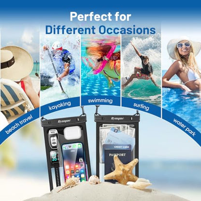 Rynapac Large Waterproof Phone Pouch [Up to 10"] - 2 Pack IPX8 Waterproof Phone Case for iPhone 17 16 15 Pro Max Galaxy S26 Ultra, Touchscreen & Underwater Photography, Beach Cruise Essentials 2026 - color: [Black + Black] Large Waterproof Phone Pouch, si