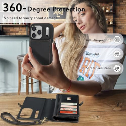 for Wallet Case Compatible with iPhone 17 Pro Max,Multi-Function Detachable 2 in 1 Magnetic iPhone 17 Pro Max Case Wallet,Flip Strap Zipper Card Holder Phone Case with Shoulder Straps (Black) - color: Black, size: iPhone 17 Pro Max