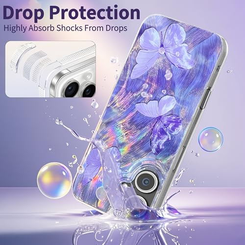 Compatible with iPhone 16 Case,with [Shockproof Protective][Camera Protection] Cute Butterfly Aesthetic Phone Cover Anti-Yellowing Soft Slim Cover for Women Girl-Purple - color: Purple Butterfly, size: iPhone 16