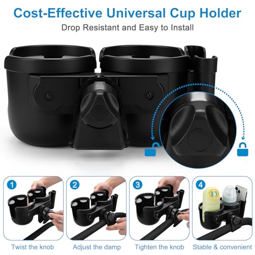 Accmor Stroller Cup Holder with Phone Holder, Bike Cup Holder, Universal Cup Holder for Uppababy Nuna Strollers, 2-in-1 Drinks Holder for Walker, Wheelchair, Scooter - color: Double Holder-All Black