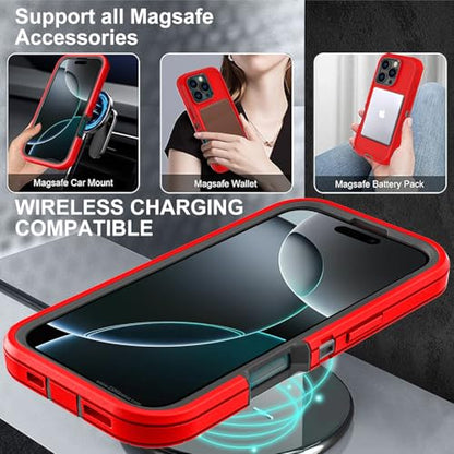 YKHJKLEC for iPhone 16 Pro Case, Compatible with Magsafe, Military Grade 3 in 1 Heavy Duty Shockproof/Drop Proof/Dust Proof Case with 2Pcs Tempered Glass Screen Protector (New-Red/Black) - color: New-Red/Black