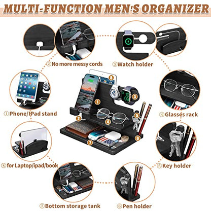 Gifts for Men Wood Phone Docking Station for Men Nightstand Organizer Gifts for Dad Charging Station Cell Phone Stand Desk Organizer Gifts for Husband Boyfriend Brother Son (Black)