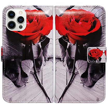 Bcov Case for iPhone 13 Pro, Red Rose Flower Leather Flip Phone Case Wallet Cover with Card Slot Holder Kickstand for iPhone 13 Pro - color: Red Rose