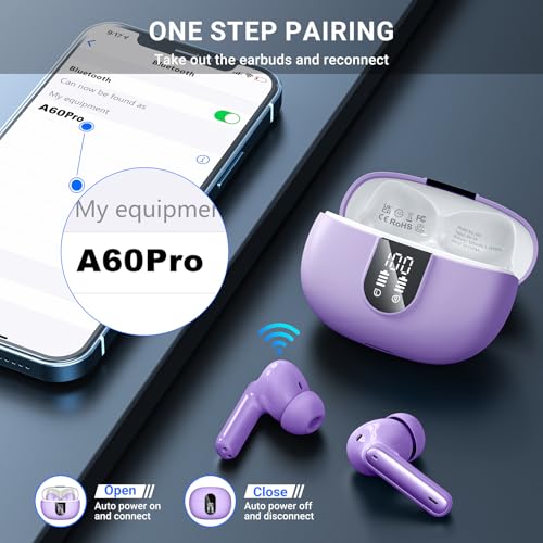 Wireless Earbuds, 2025 Wireless Headphones HiFi Stereo Earphones with 4 ENC Noise Canceling Mic, 42Hs Playtime In Ear Earbud, Bluetooth 5.3 Sport Earphones with LED Power Display for Android iOS - color: Purple