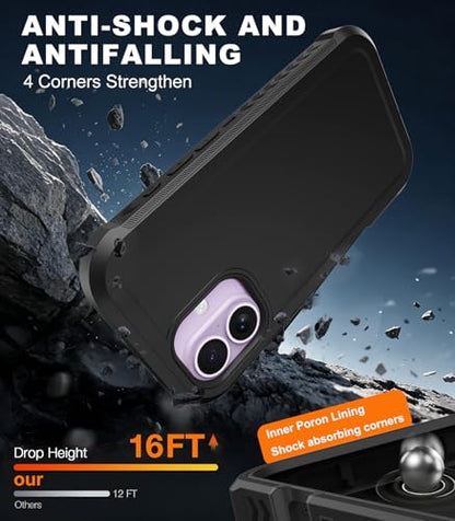 for iPhone 17 Case with Belt Clip Holster,[Compatible with MagSafe] w/Screen Protector,Anti-Drop Shockproof Heavy Duty Protective Rugged Magnetic Phone Cover,with 360°Rotating Kickstand (Black - color: Black