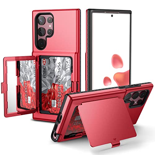 WeLoveCase Samsung Galaxy S22 Ultra Case Wallet Case with Credit Card Holder & Hidden Mirror, All-Round Protection Shockproof Phone Cover Designed for Samsung Galaxy S22 Ultra, 6.8 Inch Red - color: Red