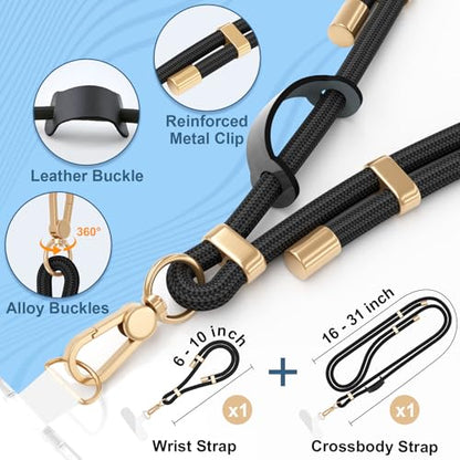 4-IN-1 Phone Lanyard Crossbody & Wrist Strap Kit with 2 Pack Tabs - color: Black