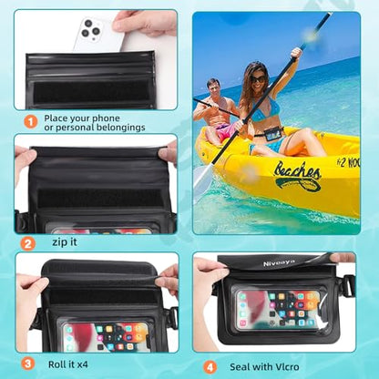Niveaya Double Space Waterproof Fanny Pack, IPX8 Waterproof Dry Bag Waist Pouch for Beach, Kayaking, Swimming, Boat Travel Essentials, Waterproof Phone Bag & Passport Holder for Women Men(2 Pack) - color: Black+Pink