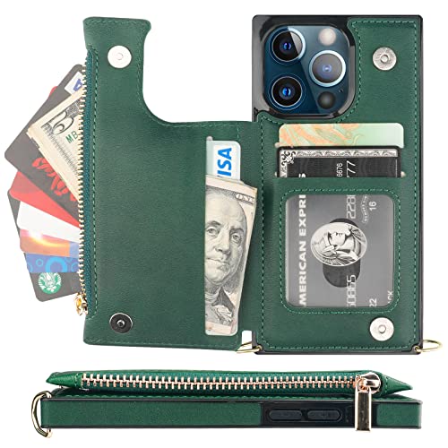 Bocasal Crossbody Wallet Case with Strap for iPhone 13 Pro, Green - color: Green