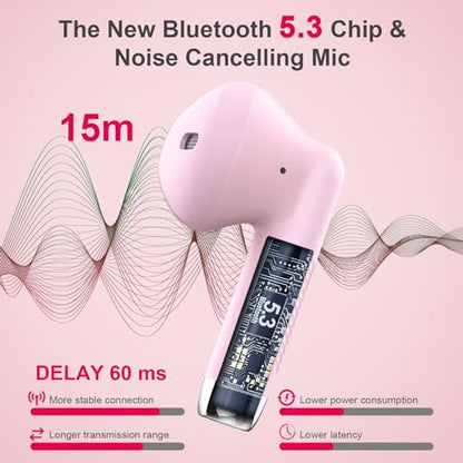 Wireless Earbuds, Bluetooth 5.4 Earbuds Stereo Bass, Bluetooth Headphones - color: light pink