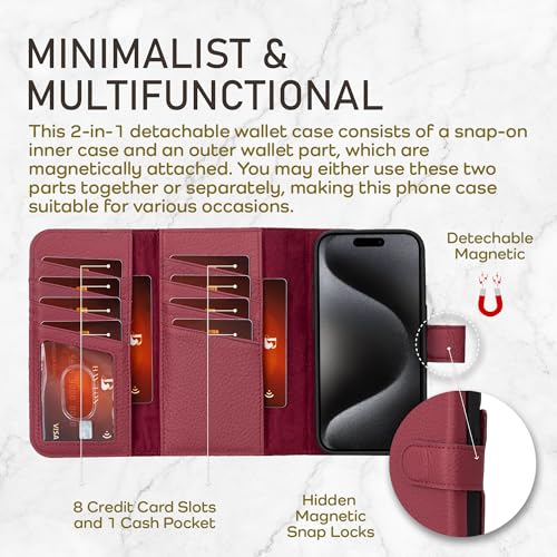 Bayelon Wallet Case for iPhone 15 Pro Max, Trifold Leather Wallet, Detachable Magnetic Flip Folio Cover, Card Holder, iPhone 15 Pro Max Wallet Case, MagSafe Compatible, RFID Blocking (Burgundy) - color: Burgundy, size: iPhone 15 Pro Max