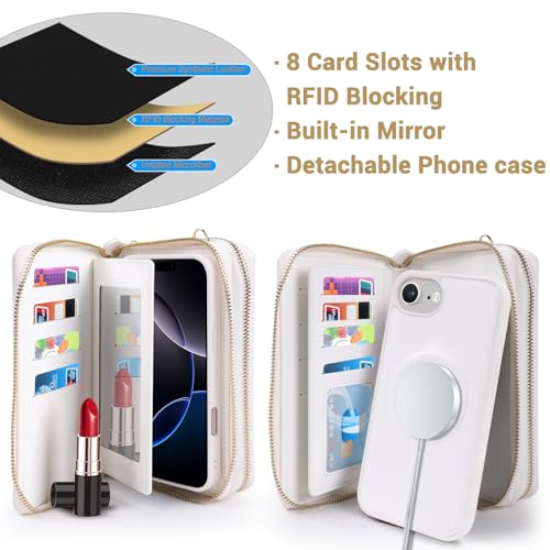 Harryshell Compatible with iPhone 16e / 17e Case Wallet Multi Zipper Detachable Removable Cover Purse with RFID Blocking Card Slots Holder Mirror Crossbody Strap (Compatible with Magsafe - White) - color: Compatible with Magsafe - White, size: iPhone 16e