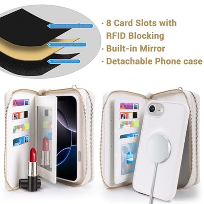 Harryshell Compatible with iPhone 16e / 17e Case Wallet Multi Zipper Detachable Removable Cover Purse with RFID Blocking Card Slots Holder Mirror Crossbody Strap (Compatible with Magsafe - White) - color: Compatible with Magsafe - White, size: iPhone 16e