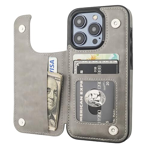 ONETOP for iPhone 15 Pro Wallet Case with Credit Card Holder,Gray | Kickstand,ID/Cash Holder,Case Wallet with Card Slots,Double Magnetic Clasp,Durable PU Leather Shockproof Cover for Women Men - color: Gray