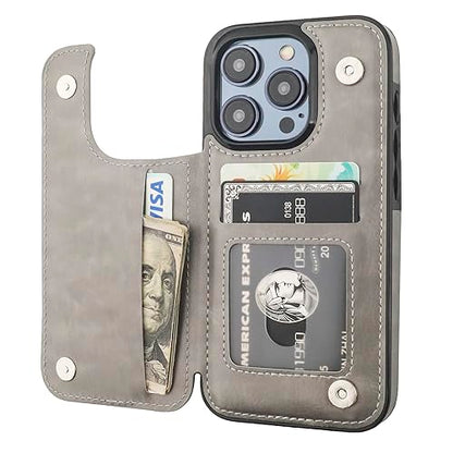 ONETOP for iPhone 15 Pro Wallet Case with Credit Card Holder,Gray | Kickstand,ID/Cash Holder,Case Wallet with Card Slots,Double Magnetic Clasp,Durable PU Leather Shockproof Cover for Women Men - color: Gray