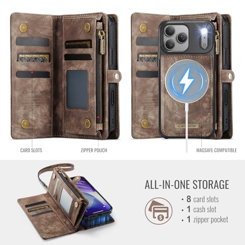Compatible with iPhone 17 Pro Wallet Case with Magsafe with Zipper & Card Holder Strap Wristlet Detachable Magnetic Protective Back Case for iPhone 17 Pro 5G 6.3 Inch (Brown) - color: (Detachable and Magsafe)-Brown, size: iPhone 17 Pro 6.3 Inch