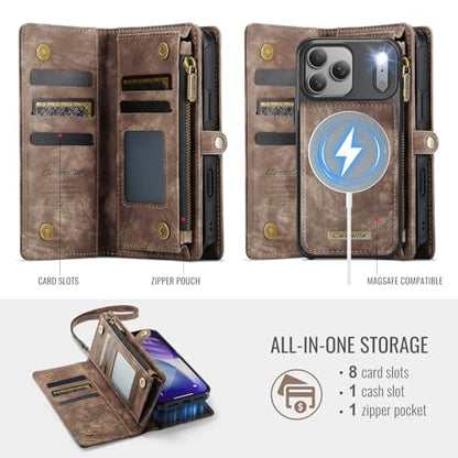 Compatible with iPhone 17 Pro Wallet Case with Magsafe with Zipper & Card Holder Strap Wristlet Detachable Magnetic Protective Back Case for iPhone 17 Pro 5G 6.3 Inch (Brown) - color: (Detachable and Magsafe)-Brown, size: iPhone 17 Pro 6.3 Inch