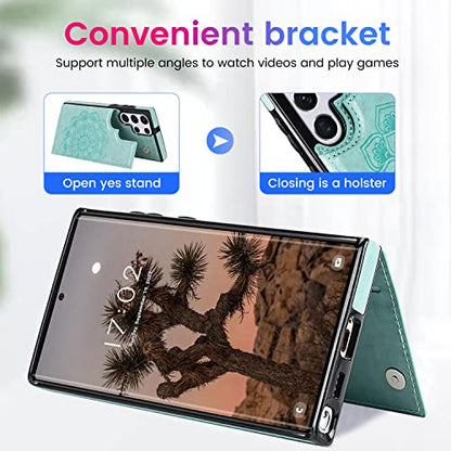 PASNEW S23 Ultra Case Wallet Card Holder,6.8",Green | Card Holder, Floral Double Magnetic, PU Leather, Kickstand, Flip Cover - color: Green, size: S23Ultra【6.8"】