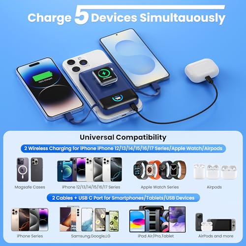Ekrist Magnetic Portable Charger 10800mAh for MagSafe with Built-in Cable,iWatch Charger,Wireless Power Bank Travel Essentials,25W Fast Charging Battery Pack for iPhone 17/16/15/14,Apple Watch(Blue) - color: Blue