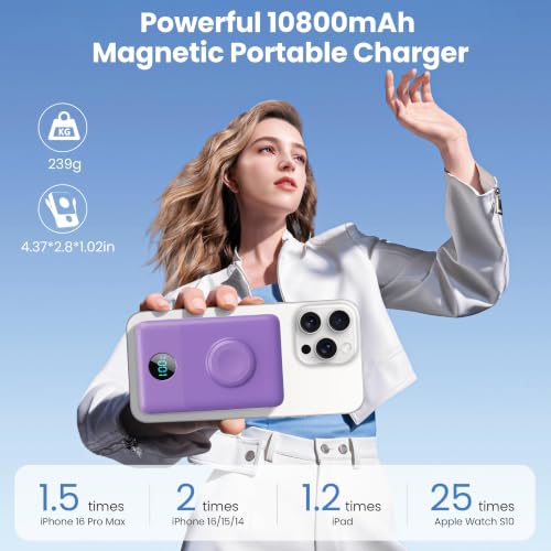 Ekrist Magnetic Portable Charger 10800mAh for MagSafe with Built-in Cable,iWatch Charger,Wireless Power Bank Travel Essentials,25W Fast Charging Battery Pack for iPhone 17/16/15/14,Apple Watch(Purple) - color: Purple