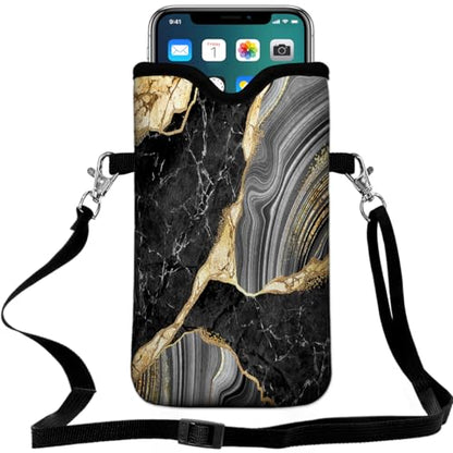 Universal Neoprene Cell Phone Pouch 7.1 X 4 in Mobile Protection Case Bag with Crossbody Strap/Neck Lanyard Black Marble Printed Pattern - color: Black Marble Printed Pattern