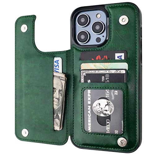 ONETOP for iPhone 14 Pro Max Wallet Case with Credit Card Holder,Green | Kickstand,ID/Cash Holder,Case Wallet with Card Slots,Double Magnetic Clasp,Durable PU Leather Shockproof Cover for Women Men - color: Green