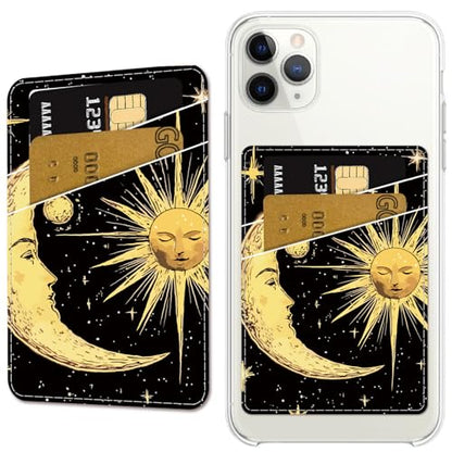 CREATCABIN Sun Phone Card Holder Leather Cell Phone Wallet Stick on Adhesive Credit Card Holder Slim Double Pocket Sticker for Back of Phone Case Compatible with Most Phones 3.7 x 2.5 Inch - style: Sun