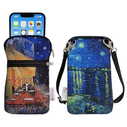Tainada Crossbody Phone Bag w/Neck Strap (Van Gogh Café Terrace at Night) | For Men/Women; Water-resistant, shockproof, lightweight dual zipper neoprene pouch; Compatible with most of smartphones - color: Van Gogh Café Terrace at Night