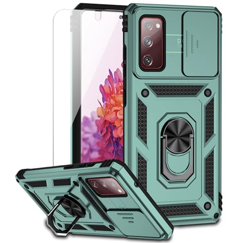M MAIKEZI Cellular Phone Case for Samsung Galaxy S20 FE 5G, Military-Grade Drop Tested, HD Screen Protector, Magnetic Ring Holder Kickstand, Dark Green - color: Dark Green with camera cover Military-Grade