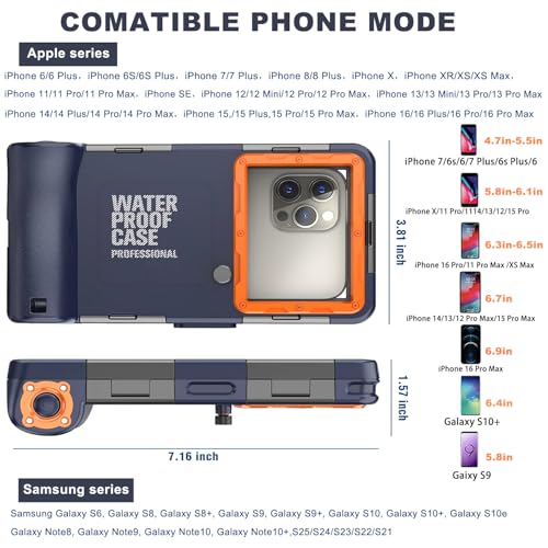 2026 Underwater Snorkeling Diving Phone Case for Phone 17/16/15/14/13/12Pro Max/Galaxy S26/S25/S24/S23.(50ft/15m) Professional Scuba Dive Waterproof Case Underwater Photo Video（Blue） - color: Blue