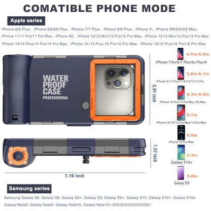 2026 Underwater Snorkeling Diving Phone Case for Phone 17/16/15/14/13/12Pro Max/Galaxy S26/S25/S24/S23.(50ft/15m) Professional Scuba Dive Waterproof Case Underwater Photo Video（Blue） - color: Blue