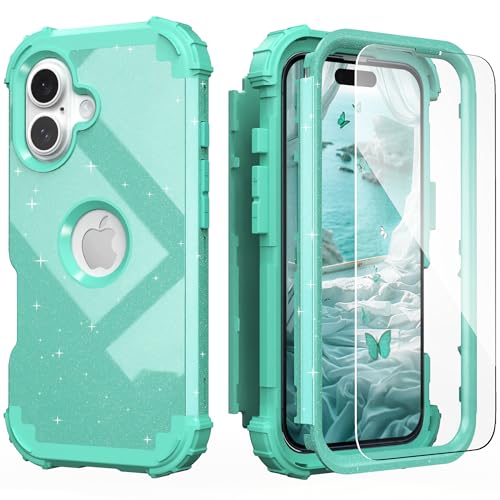 IDweel for iPhone 17 Case with Screen Protector for Women, 3 in 1 Shockproof Slim Fit Hybrid Heavy Duty Hard PC Cover Soft Silicone Bumper Full Body Anti-Fingerprint Case, Glitter Cyan - color: Glitter Cyan