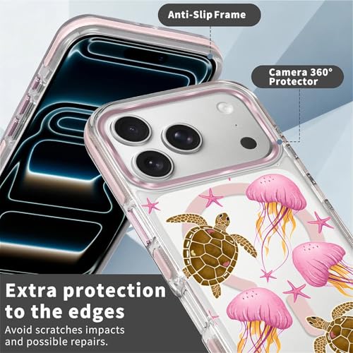 VisEnt Clear Case for iPhone 17 Pro, Magnetic Phone Case, Transparent Slim Cover, Military Grade Protection, Shockproof, Anti-Yellowing, Scratch Resistant, Pink Jellyfish Sea Turtle - color: Pink Jellyfish Sea Turtle, size: Iphone 17 Pro